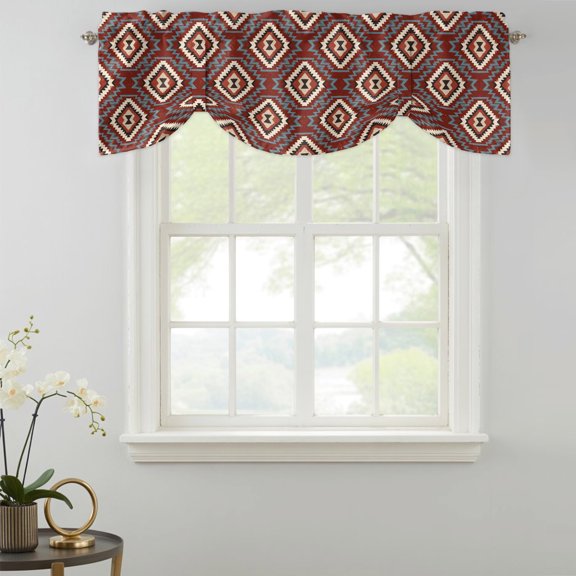 Red Slate Diamonds Tie Up Valances Curtain, Abstract Vintage Minimalist Geometric Grid Kitchen Valances for Windows Decor, Rod Pocket Short Curtains Set for Bedroom/Bathroom, 54"x18"