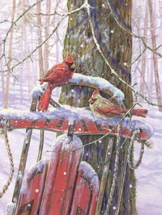 Red Sled with Cardinals Canvas Art - Donna Race (18 x 24)