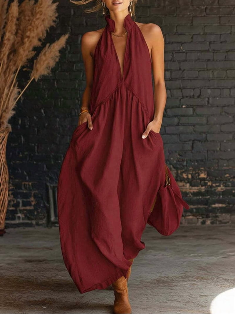 Red Sleeveless Halter Neck Solid Maxi Dress With Pockets Relaxed Fit Summer Vacation Dress