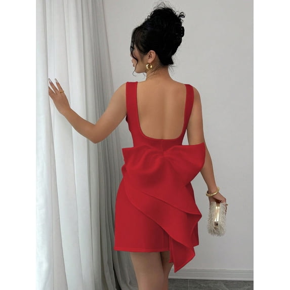 Red Sleeveless Mini Dress With Oversized Bow Back And Boat Neck