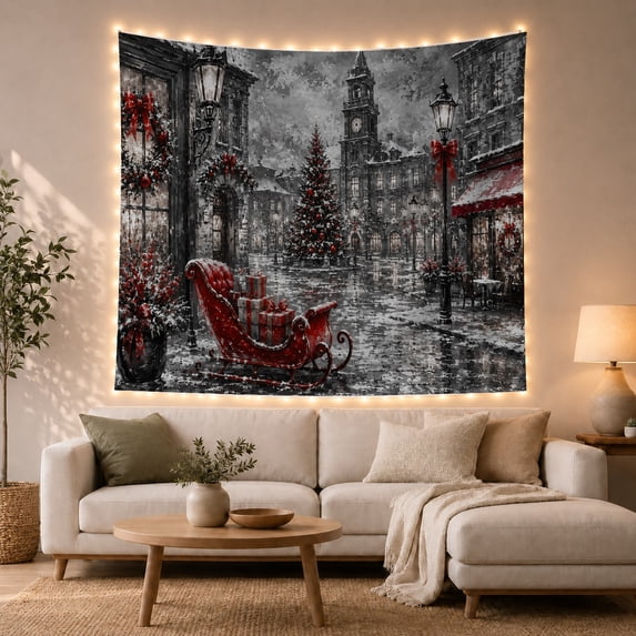 Red Sleigh Centered in Snowy Old Town Square, Cozy Vintage for Winter Art Collectors, Village Scene Decor, Christmas Gift Tapestry Wall Hanging for Living Room and Bedroom