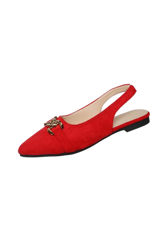 Red Slingback Flats for Women, Pointed Toe Velvet Comfy Dressy & Everyday Shoes with Gold Chain Detail,Size 7.5