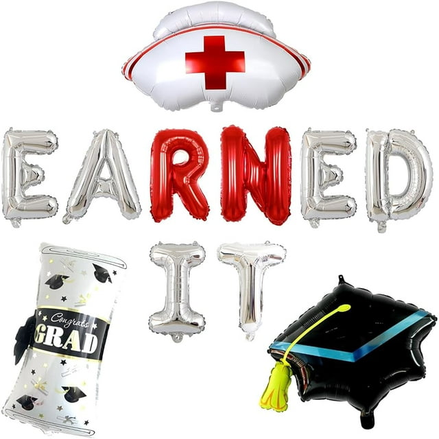 Red Sliver Earned It Balloon Banner, Nurse Graduation Party Decorations