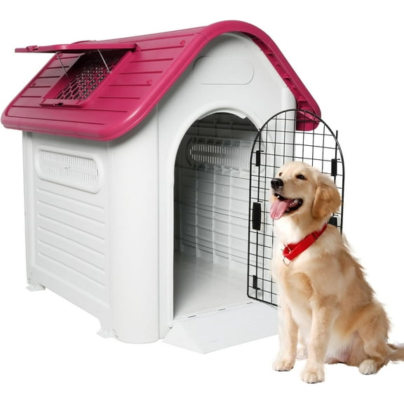 Red Sloped Roof Dog House - 38" Height All Weather Pet Shelter for Small to Medium Dogs, Outdoor Plastic Puppy Kennel with Air Vents and Elevated Floor, Up to 28lbs