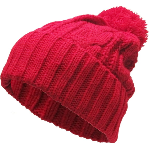 Red Slouchy Cable Knit Pom Pom Beanie Winter Cap Chunky Skull Hat Ski Kinit Warm New