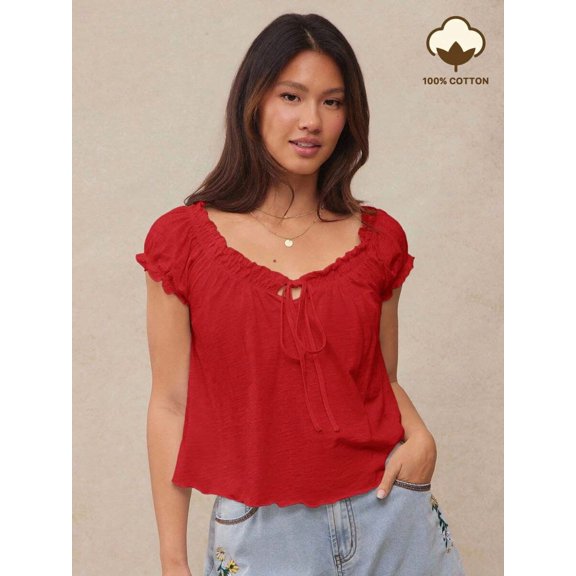 Red Slub Knit Cotton V-Neck Short Puff Sleeve Tie-Front Swing Top