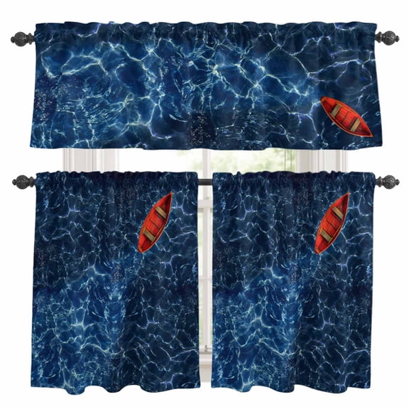 Red Small Boats Kitchen Curtains Valances and Tiers Set of 3 Deep Blue Wave Seawater Ripple Ocean Tier Curtains and Valance with Rod Pocket for Small Windows, 27.5"x24"