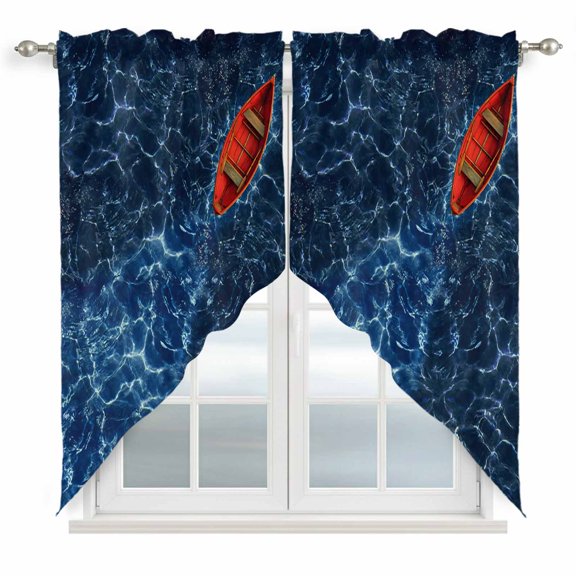 Red Small Boats Swag Curtain Valance for Window 2 Panels Deep Blue Wave Seawater Ripple Ocean Rod Pocket Small Window Swag Valances for Kitchen Bedroom Bathroom 36" W x 36" L