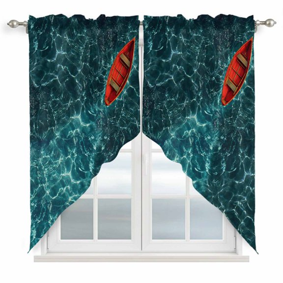 Red Small Boats Swag Curtain Valance for Window 2 Panels Deep Green Wave Seawater Ripple Ocean Rod Pocket Small Window Swag Valances for Kitchen Bedroom Bathroom 36" W x 36" L