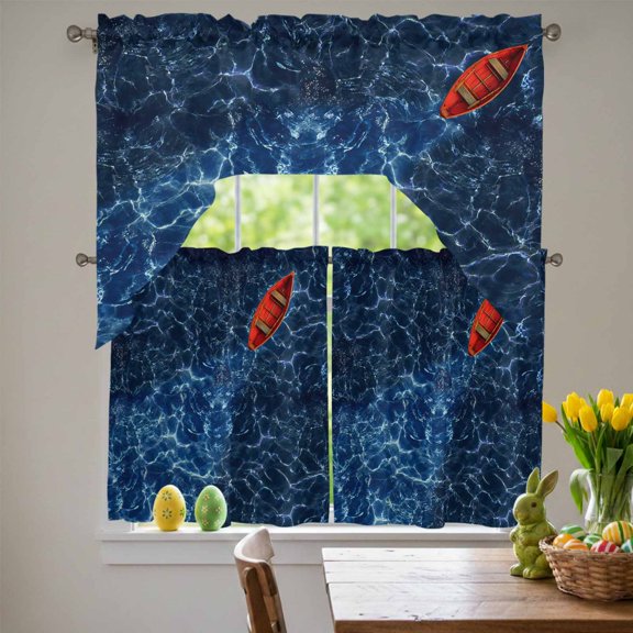 Red Small Boats Swag Curtains Valance & Tier Set, Deep Blue Wave Seawater Ripple Ocean 3 Pcs Set Kitchen Swag Valances and Tiers 36 Inch Length Rod Pocket Curtain Drapes for Bedroom