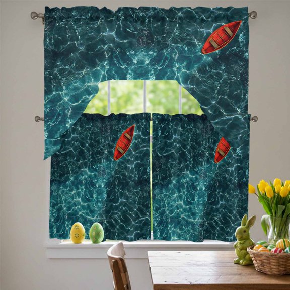 Red Small Boats Swag Curtains Valance & Tier Set, Deep Green Wave Seawater Ripple Ocean 3 Pcs Set Kitchen Swag Valances and Tiers 24 Inch Length Rod Pocket Curtain Drapes for Bedroom