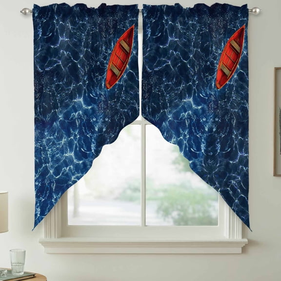 Red Small Boats Swag Kitchen Curtain Valances, Deep Blue Wave Seawater Ripple Ocean Rod Pocket Curtains Window Treatment Decor Valances for Bedroom Bathroom, 2 Panels 36 x 36 Inch
