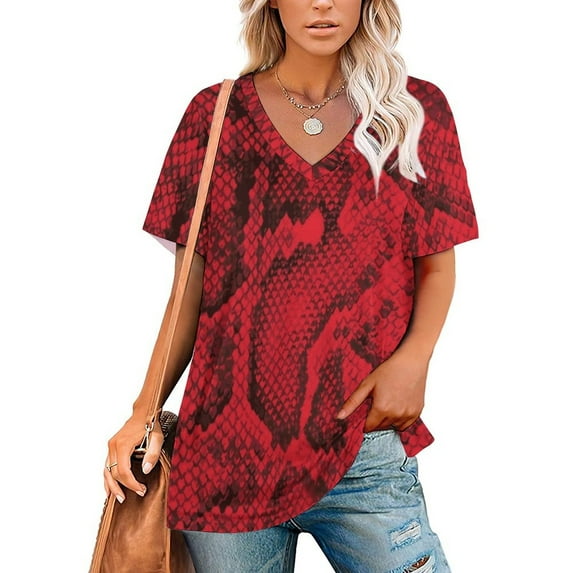 Red Snakeskin Women Zipper Sexy Printed Vintage T Shirts Tops Full Print T-Shirt Snakeskin Snake Snake Red Snake
