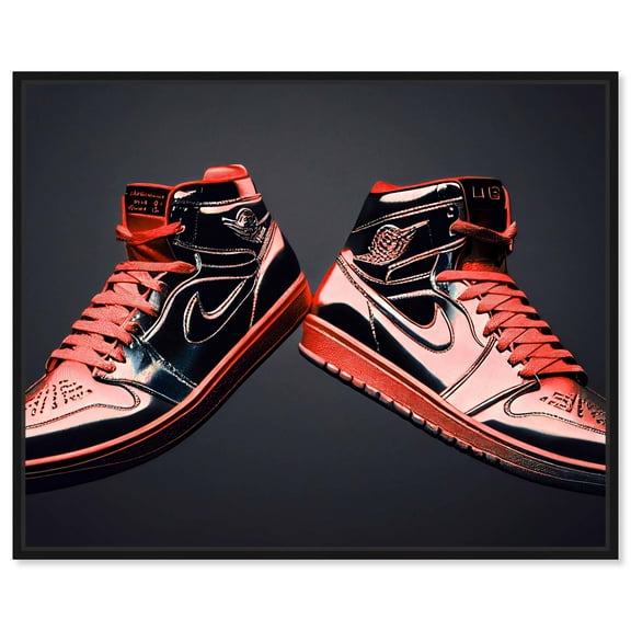 Red Sneakers On Display Canvas Wall Art by Notoriart, Black Floater Frame, 11" x 16"