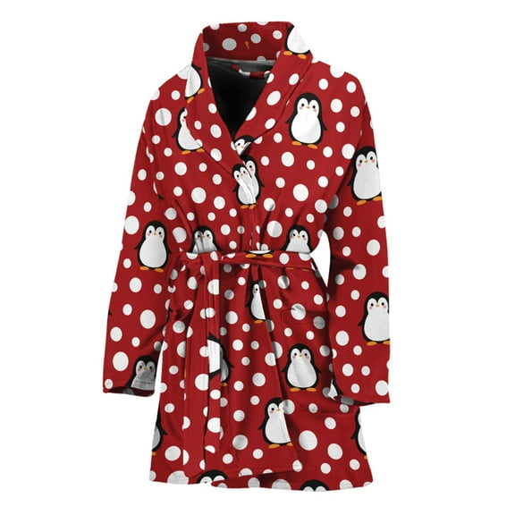 Red Snow Penguin Pattern Women Bathrobe One Size Univeral Fits, Penguin Fashion Lightweight Plush Fleece Long Robe For Women