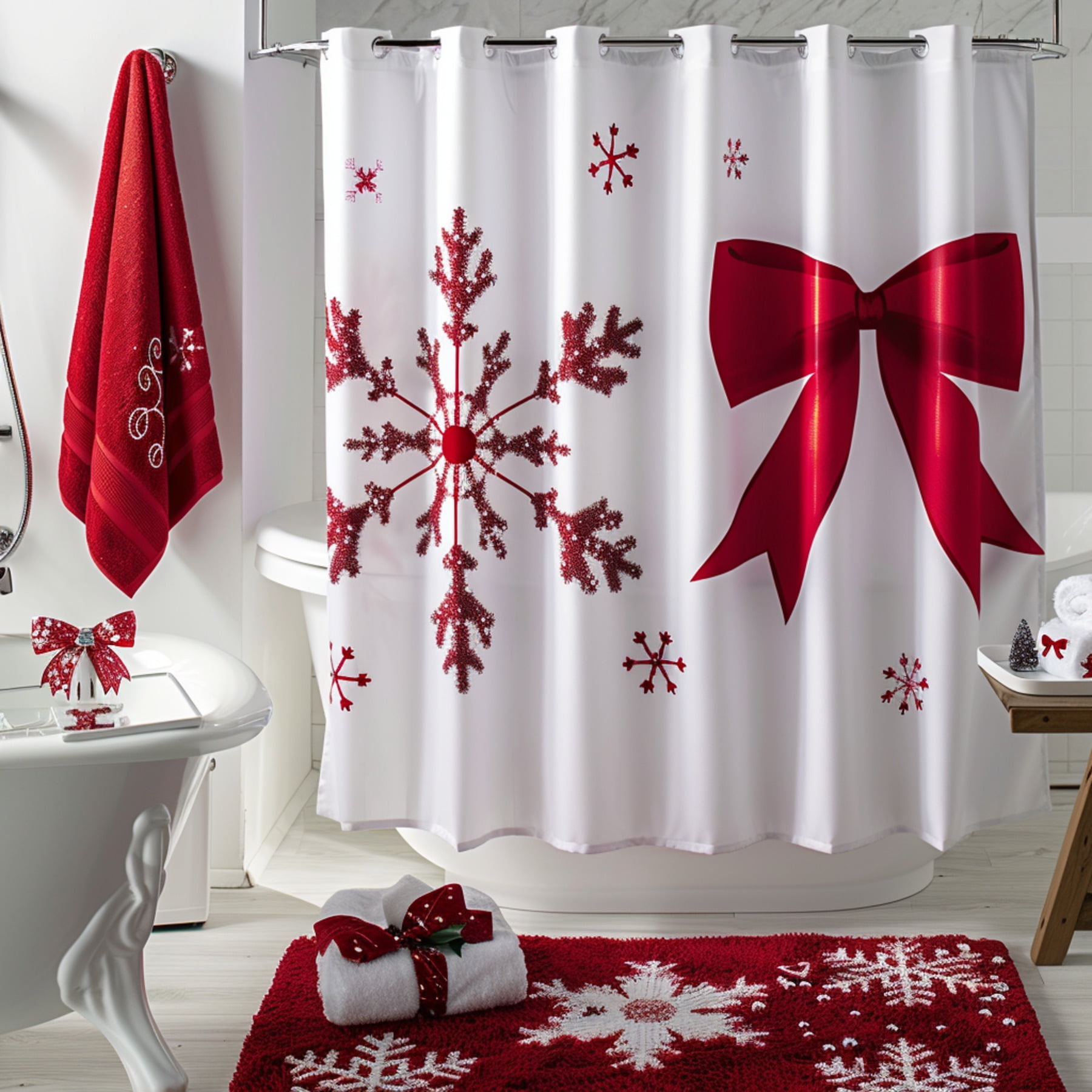 Red Snowflake & Bow Christmas Shower Curtain Set Festive Bathroom Decor