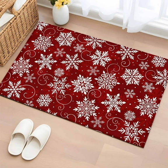 Red Snowflake Christmas Bathroom Rug Washable 2x3 Entryway Rug Non Slip Xmas Winter Abstract Art Front Door Mat Low Pile Indoor Doormat Throw Floor Carpet for Kitchen Bedroom Entrance