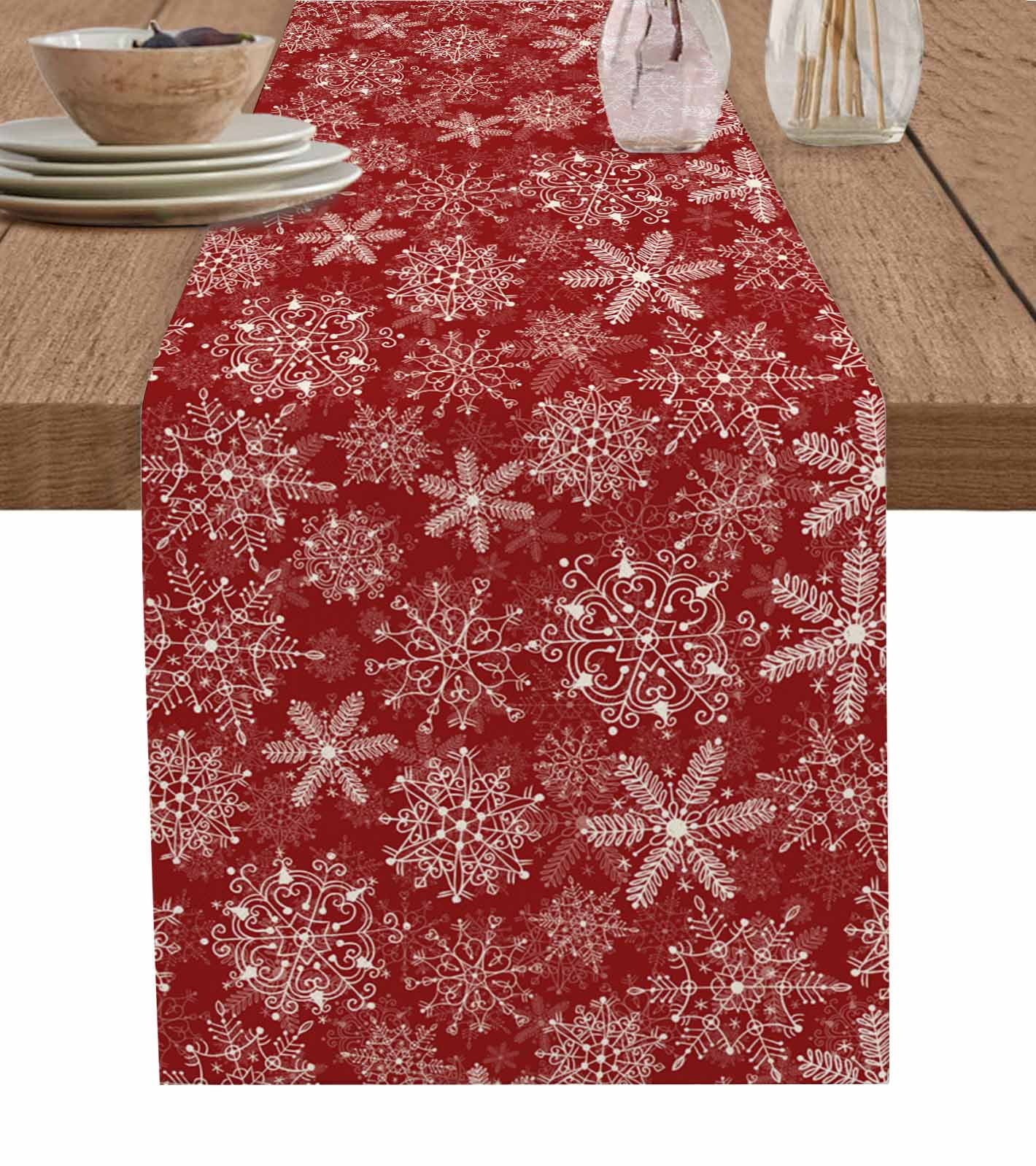 Red Snowflake Christmas Burlap-Cotton Table Runner 90 Inches Long,Xmas Snowflake Vintage Farmhouse Table Runners,Outdoor Dining Tablecloths Decor for Baby Shower Party Wedding 13x90
