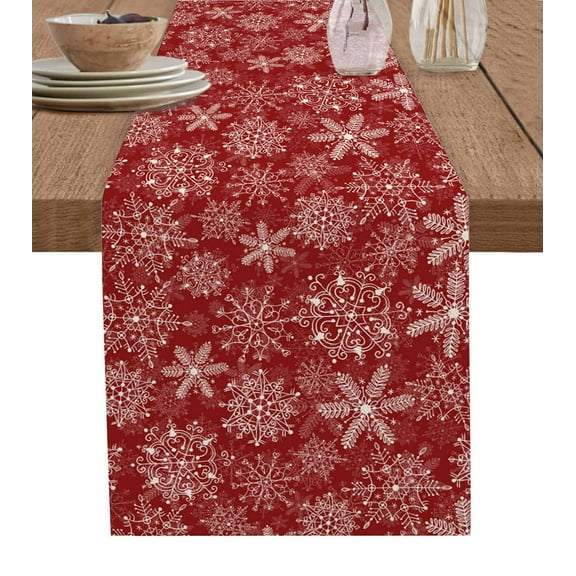 Red Snowflake Christmas Burlap-Cotton Table Runner 90 Inches Long,Xmas Snowflake Vintage Farmhouse Table Runners,Outdoor Dining Tablecloths Decor for Baby Shower Party Wedding 13x90