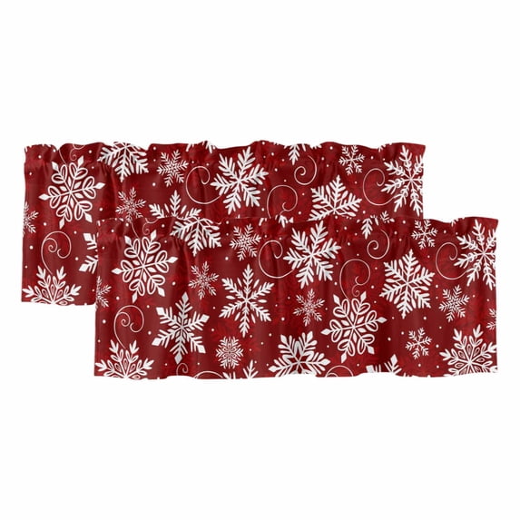 Red Snowflake Christmas Curtain Valances for Windows, Kitchen Valance Window Treatments Panel 2 Pack, Xmas Winter Abstract Art Rod Pocket Short Curtains for Bathroom Bedroom 60 x 18 Inch