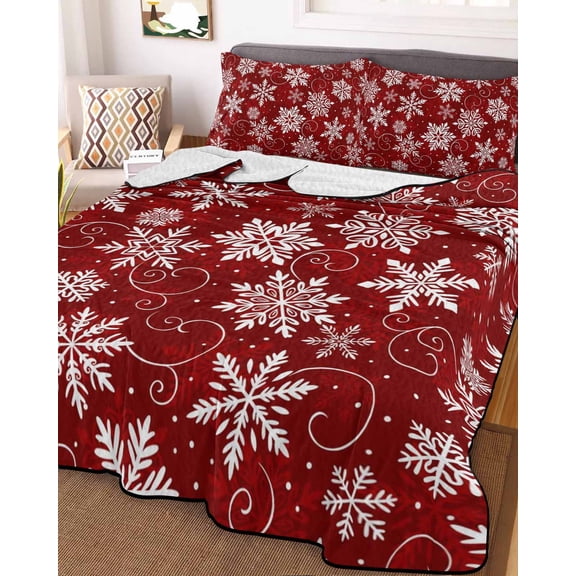 Red Snowflake Christmas Full Size Down Alternative Comforter, Lightweight Comforter Quilt Bedding Set with Pillow Shams Xmas Winter Abstract Art All Seasons Bed Comforter Duvet Insert 78"x90"