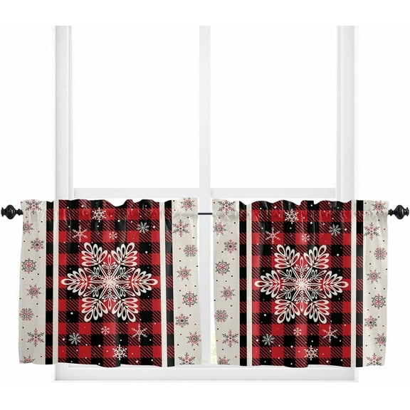 Red Snowflake Christmas Kitchen Curtain 2 Panels Tiers Curtains 36 Inch Length, Red Black Plaid Xmas Curtains Rod Pocket Curtains Window Drapes Treatment Window Cafe Curtains