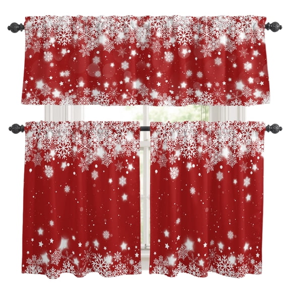 Red Snowflake Christmas Kitchen Curtains, Kitchen Curtains and Valances Set of 3, Winter Xmas Star Snowflake Light Filtering Tailored Tier Curtain 24 Inch Length Drapes for Cafe Sink Bedroom