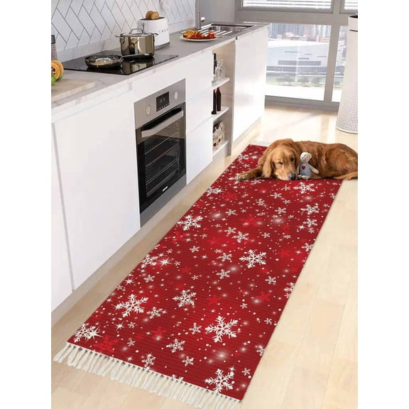 Red Snowflake Christmas Kitchen Runner Rug 2x4 Bedside Rug with Tassel Cotton Woven Throw Rugs Washable Hallway Runner Rugs Xmas Snowflake Modern Art Winter Floor Carpet for Bedroom Bathroom Living