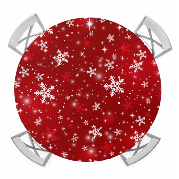 Red Snowflake Christmas Round Tablecloth for 55-60 Inch Tables,Fitted Table Cover with Elastic Edge,Xmas Snowflake Modern Art Winter Waterproof Outdoor Table Cloth Protector for Patio Garden Dinner