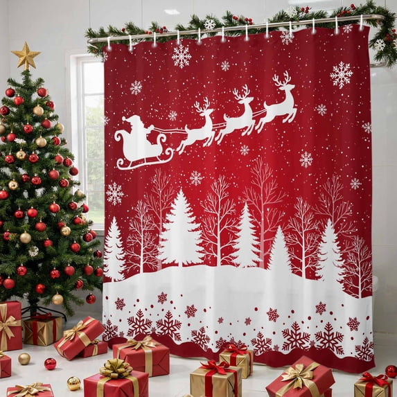 Red Snowflake Christmas Shower Curtains for Bathroom, Xmas Tree Santa Elk Winter Waterproof Fabric Shower Curtain, Decorative Bathroom Curtain for Bathtub, 72"x84", No Hooks Included