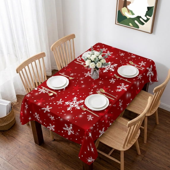 Red Snowflake Christmas Table Cloth Waterproof Tablecloths, Xmas Snowflake Modern Art Winter Tablecloth Dining Table Cover for Kitchen Party Tabletop Outdoor, Rectangle Tablecloth 60x102 Inch