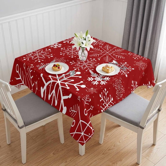 Red Snowflake Christmas Table Cloth Waterproof Tablecloths, Xmas Snowflake Red Tablecloth Dining Table Cover for Kitchen Party Tabletop Outdoor, Square Tablecloth 60x60 Inch