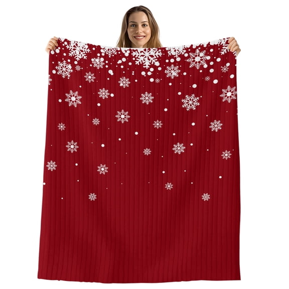 Red Snowflake Christmas Throw Blanket, Flannel Fleece Blanket with Striped Design for Couch, White Snowflake Winter Soft Breathable All Season Plush Blankets for Sofa Office Chair 30"x40"