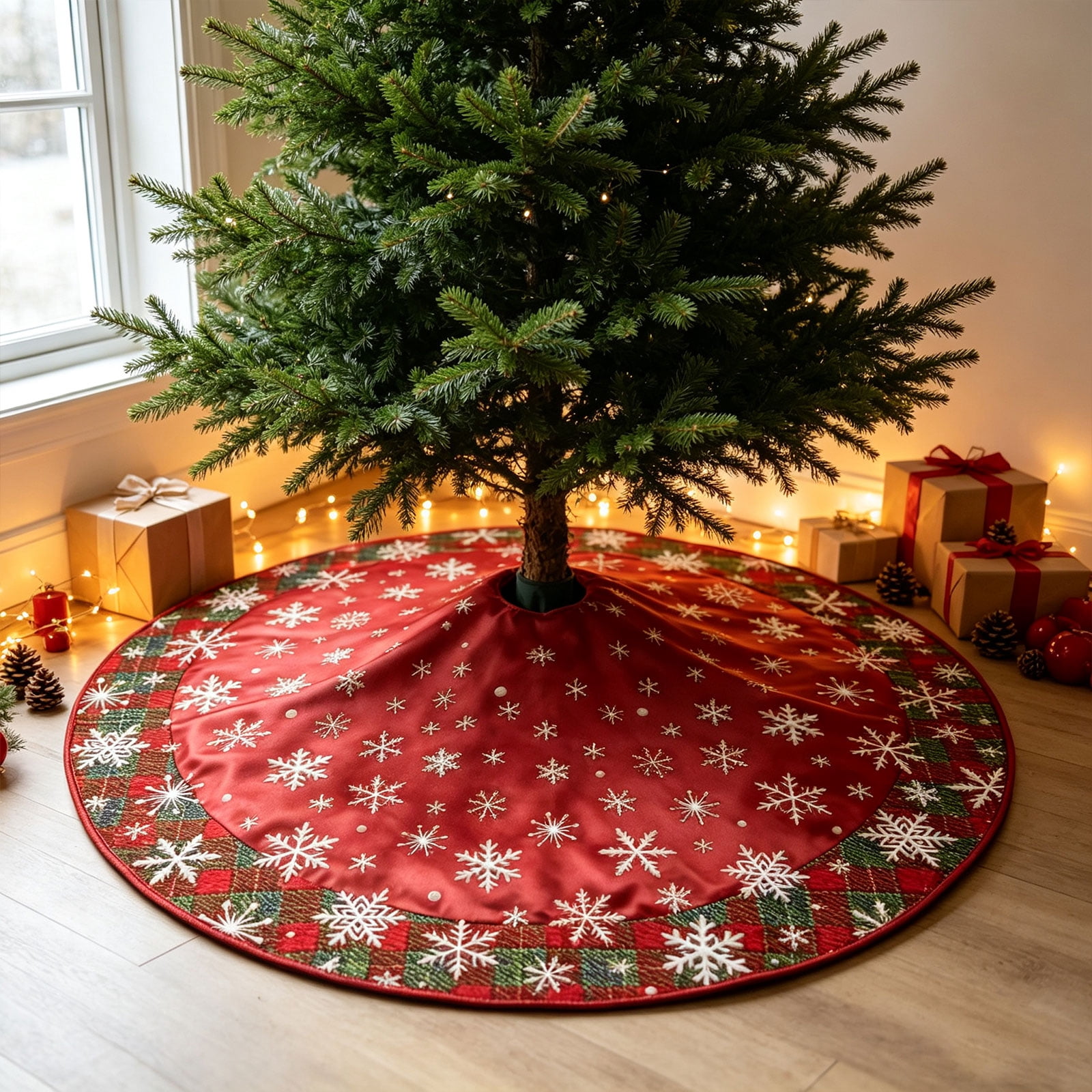 Red Snowflake Christmas Tree Skirt, 47.2 Inch Diameter with Snowflake ...