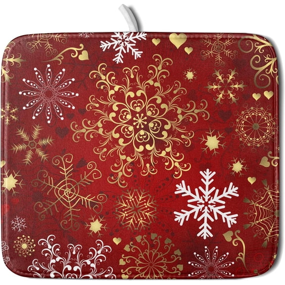 Red Snowflake Dish Drying Mat for Kitchen Counter Holiday Super Absorbent Reversible Microfiber Kitchen Countertop Protector Dishes Pad Small 16x18 inch