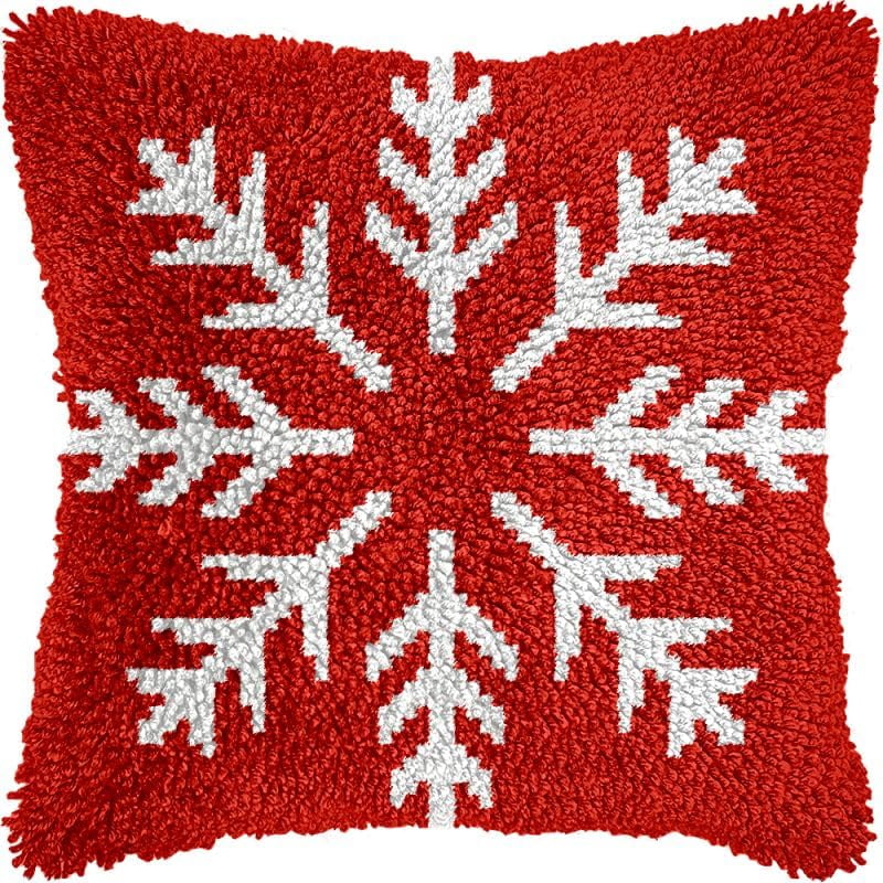 Red Snowflake Latch Hook Pillow Kits Cushion Pillowcase with Pattern Printed Canvas Sofa Hooking Pillows Crafts Embroidery Latch Hooking Crochet Kits 17x17 inch(199)