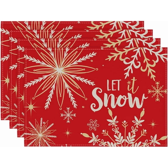 Red Snowflake Let It Snow Winter Placemats for Dining Table, 12 x 18 Inch Seasonal Christmas Washable Table Mats Set of 4