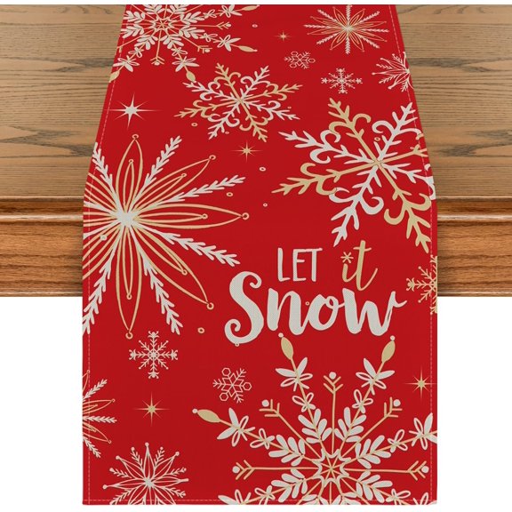 Red Snowflake Let It Snow Winter Table Runner, Seasonal Christmas Kitchen Dining Table Decoration for Home Party Decor 13x108