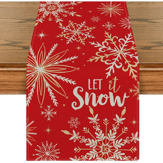 Red Snowflake Let It Snow Winter Table Runner, Seasonal Christmas Kitchen Dining Table Decoration for Home Party Decor 13x72 Inch