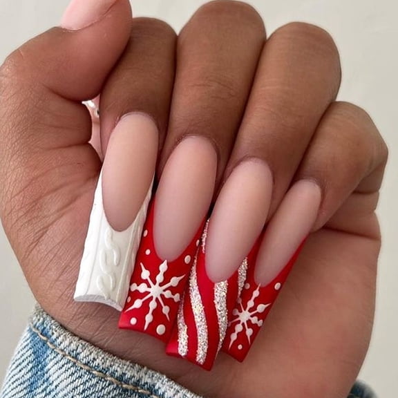 Red Snowflake Press on Nails Long Square Fake Nails Nude Pink French Tip Glitter Striped Sweater Design Full Cover Adhesive Press Ons Acrylic False Nails Nail Tips for Christmas Holiday 24 Pcs