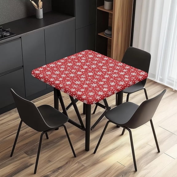 Red Snowflake Square Table Cloth Elastic Edge Polyester Fabric Tabletop for Dining Kitchen Washable Stretchy Table Cloths Fitted Washable Stretchy Elastic Xmas 91.44x91.44cm
