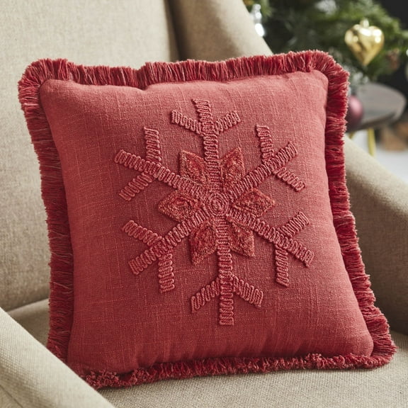 VHC Brands Red Snowflake Stone Washed Fringed Pillow 12x12