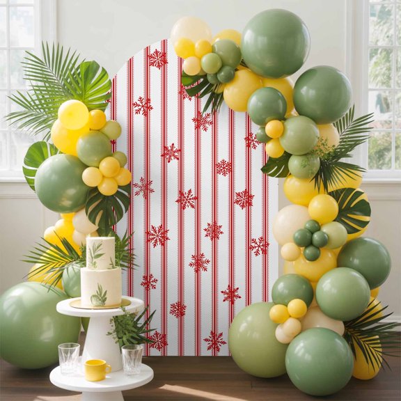 Red Snowflakes Arch Backdrop Cover, 5FT, Red Snowflake Stripes Grey Background Spandex Arch Covers Double-Sided Backdrop for Wedding Birthday Party Photo Background Decoration