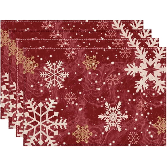Red Snowflakes Golden Freehand Watercolor Christmas Winter Xmas Cloth Placemats Set of 4 Table Mats Table Decorations 12x18 Inch