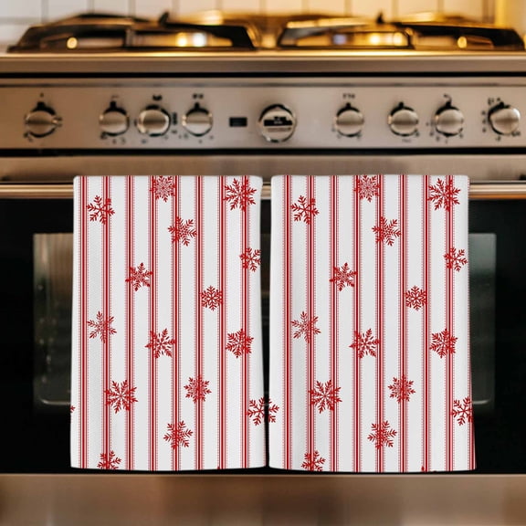 Red Snowflakes Kitchen Towels Set of 1, Vertical Stripes Geometric Minimalist Art Absorbent Dish Towels for Kitchen, Microfiber Hand Towel, Quick Drying Tea Towel for Cleaning Decorative Dishcloths