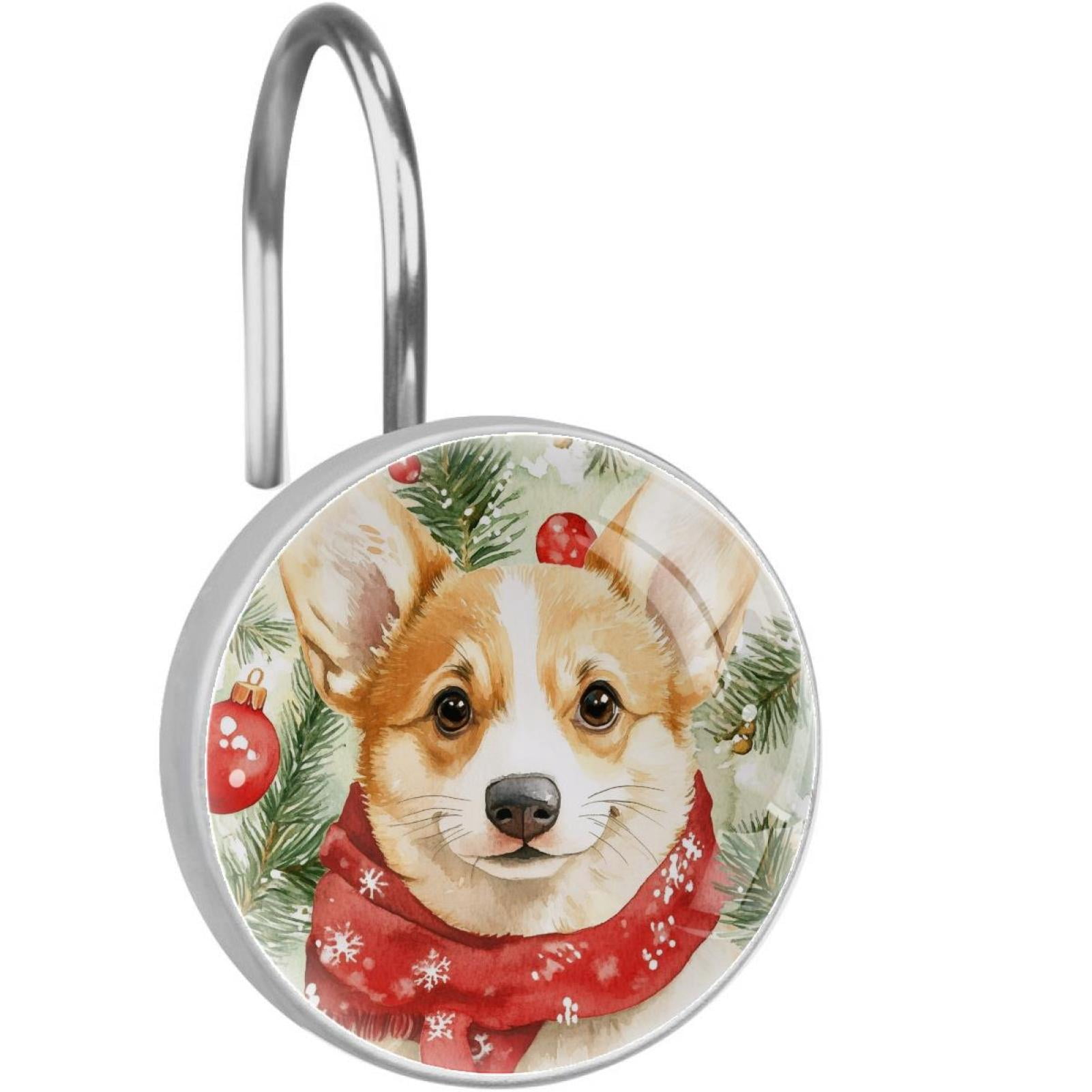 Red Snowflakes Scarf Corgi Shower Curtain Hooks Round Crystal Glass, Set of 12 Shower Curtain Rings - Shower Hooks for Curtain Shower Rings