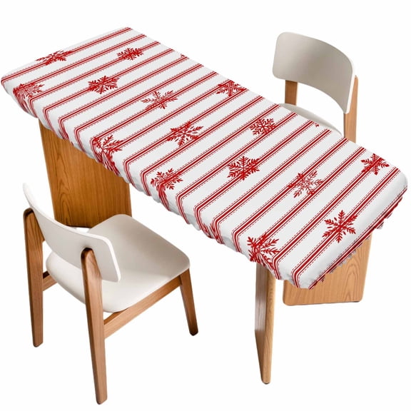 Red Snowflakes Table Cloths for 8 Foot Rectangle Tables, Vertical Stripes Geometric Minimalist Art Patio Waterproof Elastic Fitted Tablecloths, Washable Rectangular Table Cover for Camping