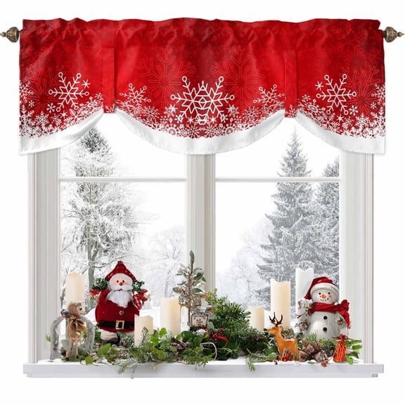Red Snowflakes Tie Up Valances Curtain, Winter Xmas Red White Nature Snow Scene Adjustable Rod Pocket Short Window Treatment Tie Up Curtains Valances for Kitchen Living Room Bathroom 60x18 Inches