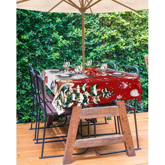 Red Snowman Balls Christmas Outdoor Tablecloth - 52x70 Inch Rectangle Dining Table Cover, Xmas Tree Snowflake Waterproof Outdoor Table Cloth with Umbrella Hole & Zipper for Picnic/Patio