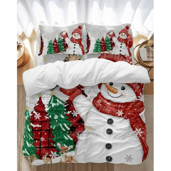 Red Snowman Bedding Duvet Cover Set Twin Size 4 Pieces Christmas Let Snow Pine Trees Bird Snowing Grey Bedding Set with Zipper Closure, 1 Comforter Cover 68x86 Inches 1 Flat Sheet & 2 Pillow Cases